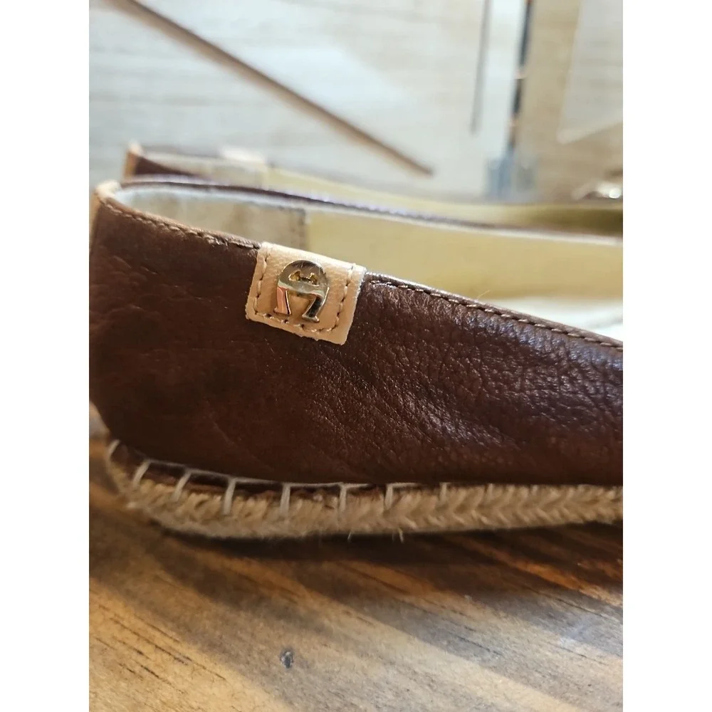 Vtg Etienne‎ Aigner Espadrille Ballet Flats 7.5 Brown Leather Bamboo Boho #427